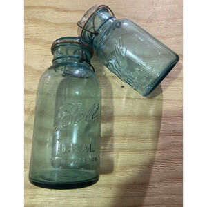 Vintage 2 BALL Ideal Canning JAR Blue Glass Wire Bail Lid- Collectible